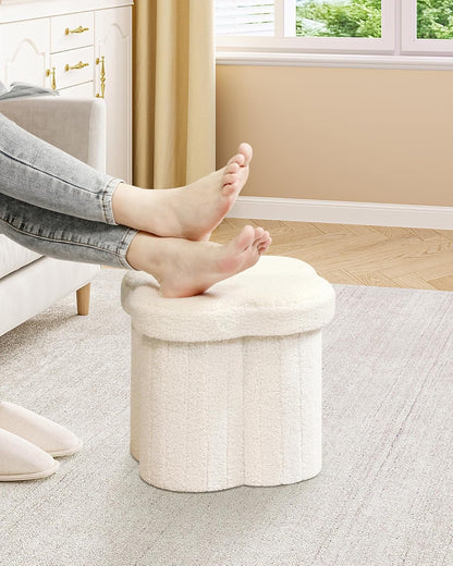 Storage Ottoman Cube, Flowers Shaped Ottomans with Storage Foot Stool Footrest for Lving Room, Boucle Ottoman Seat for Dorm Room,Faux Teddy Fur,White 12.6"X12.6"X12.6"