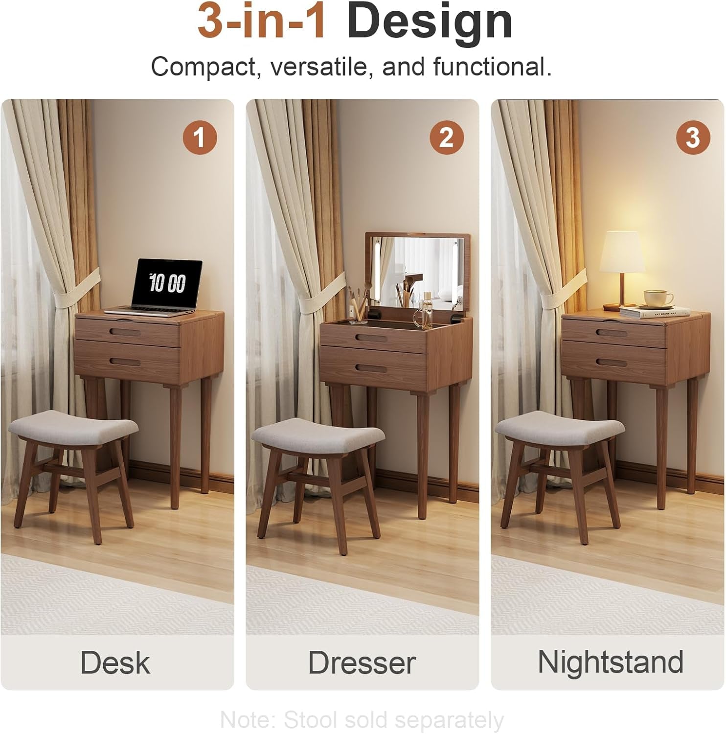Solid Wood Small Vanity Desk with Flip Top Mirror, Brightness Adjustable Lights, Compact Vanity with Glass Top and Drawers, Slim Dressing Table for Small Space, Bedroom, Living Room, Walnut