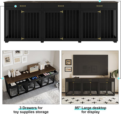 Dog Crate Furniture - Indoor Wooden Dog Kennel Crate with 2 Dividers, 3 Drawers, and 3 Lockable Doors, 95"X23.6"X31.5"H, Black
