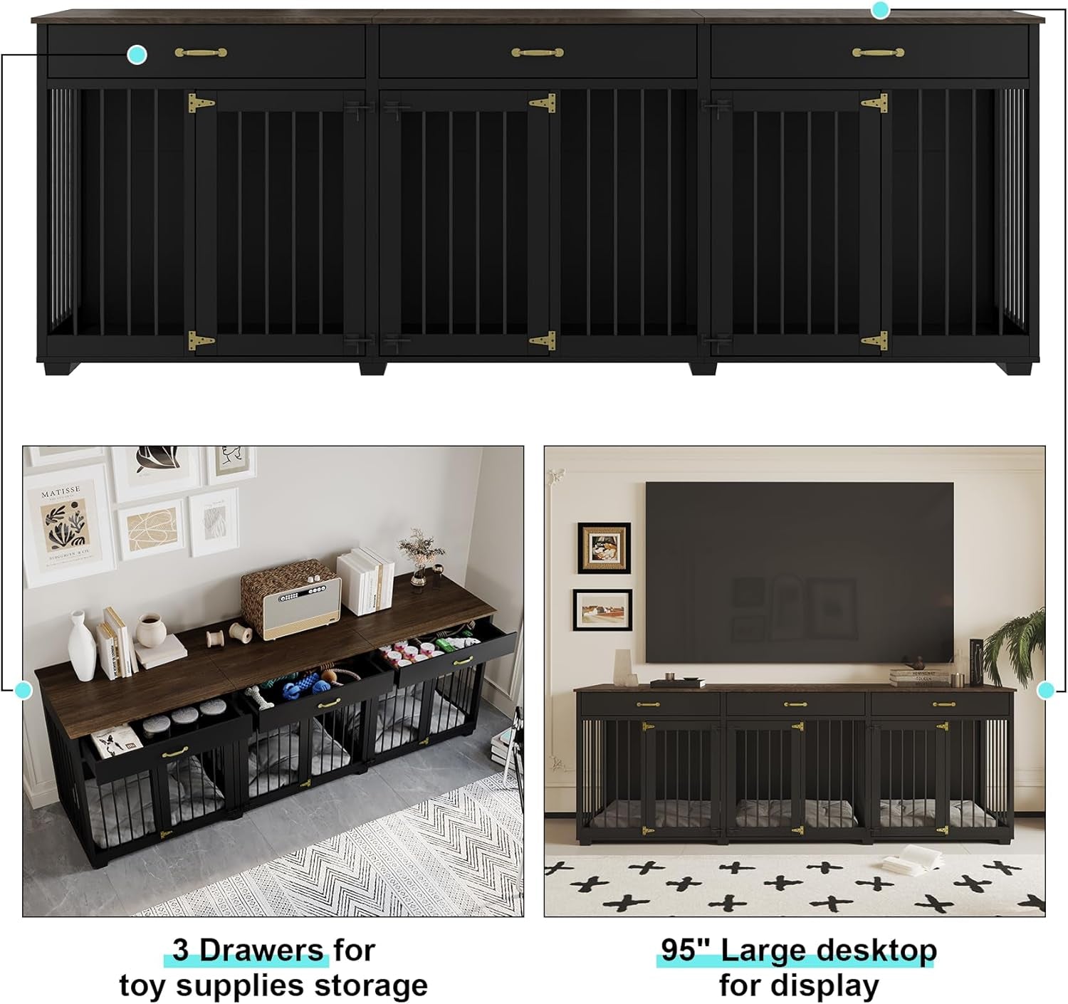 Dog Crate Furniture - Indoor Wooden Dog Kennel Crate Furniture with 2 Dividers, 3 Drawers, and 3 Lockable Doors, 95"X23.6"X31.5"H, Black