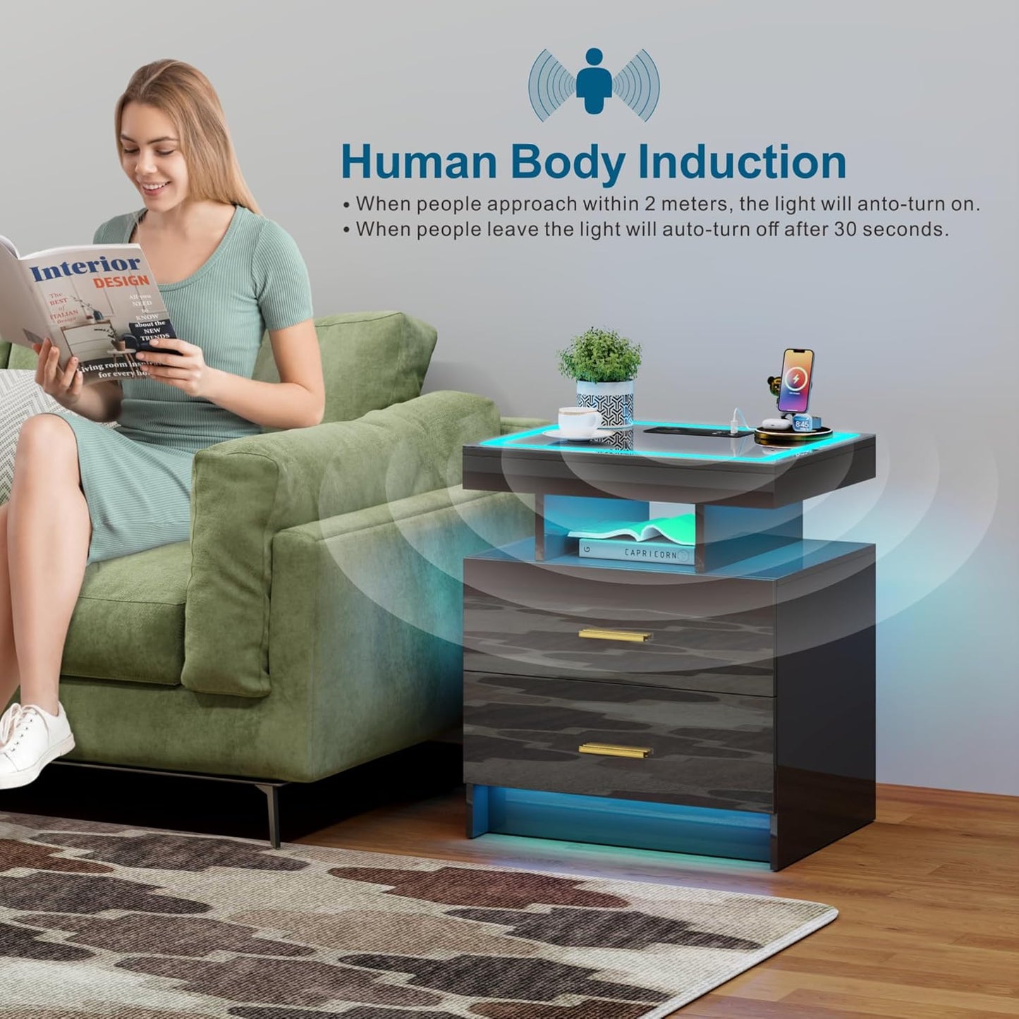 LED Nightstand with Wireless Charging Station - Modern Night Stand with Lights, Glass Top Bedside Table with Drawers for Bedroom, Glossy End Table with Human Body Induction (Black)