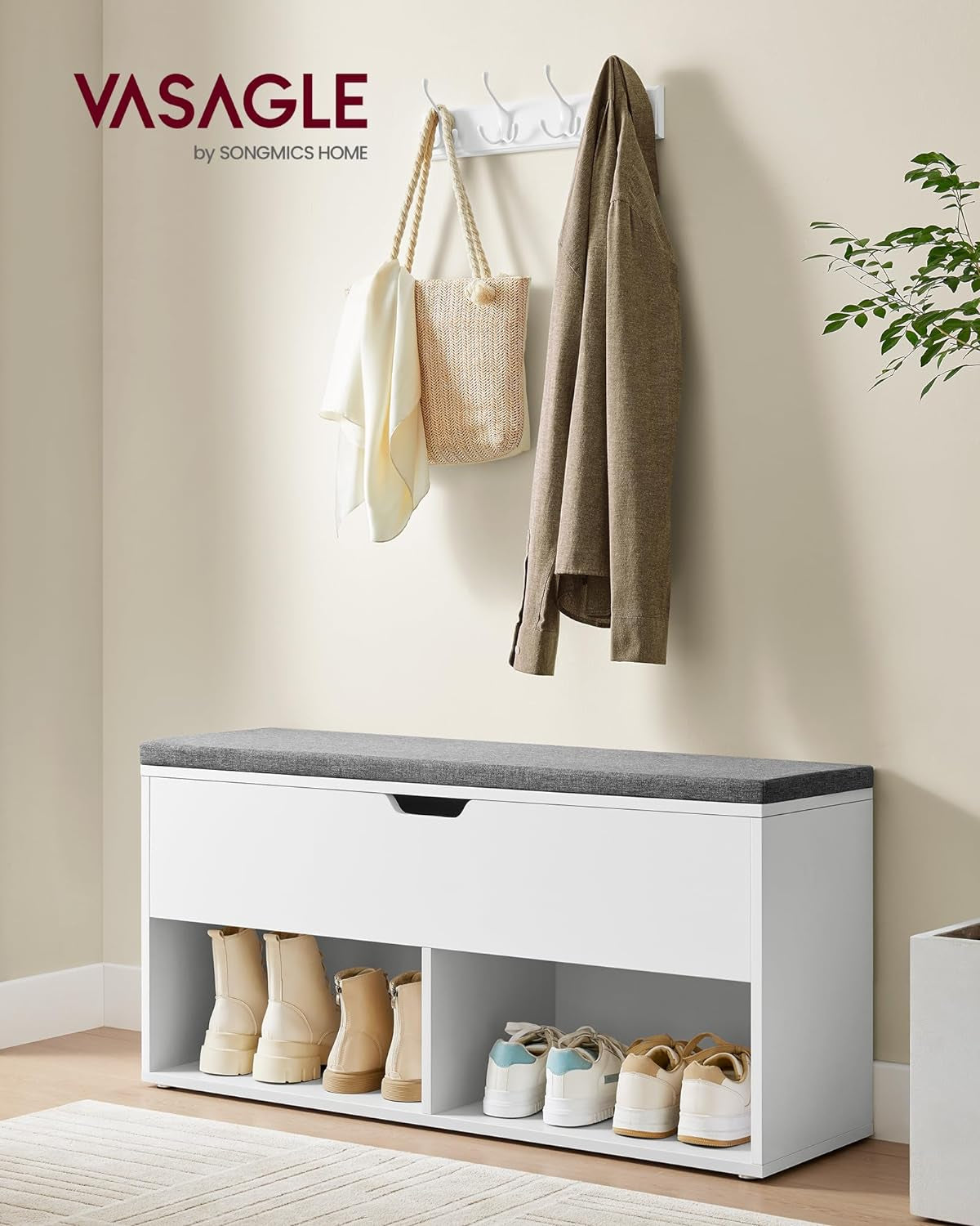 Shoe Storage Bench with Cushion, Entryway Shoe Rack Bench with Storage, 2 Open and 1 Hidden Compartments, for Living Room, Bedroom, White and Gray ULHS021W01