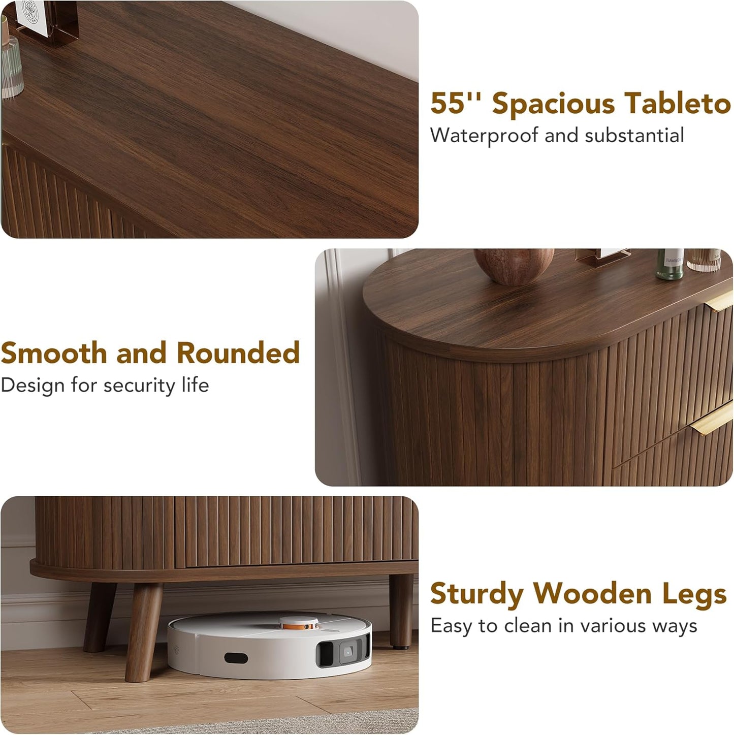 Fluted 6 Drawers Dresser, 55'' Wide Mid Century Modern Chest of Drawers with Sliding Door & Metal Handles, Curved Profile & Sturdy Legs, Wood TV Stand for Bedroom, Living Room (Walnut)
