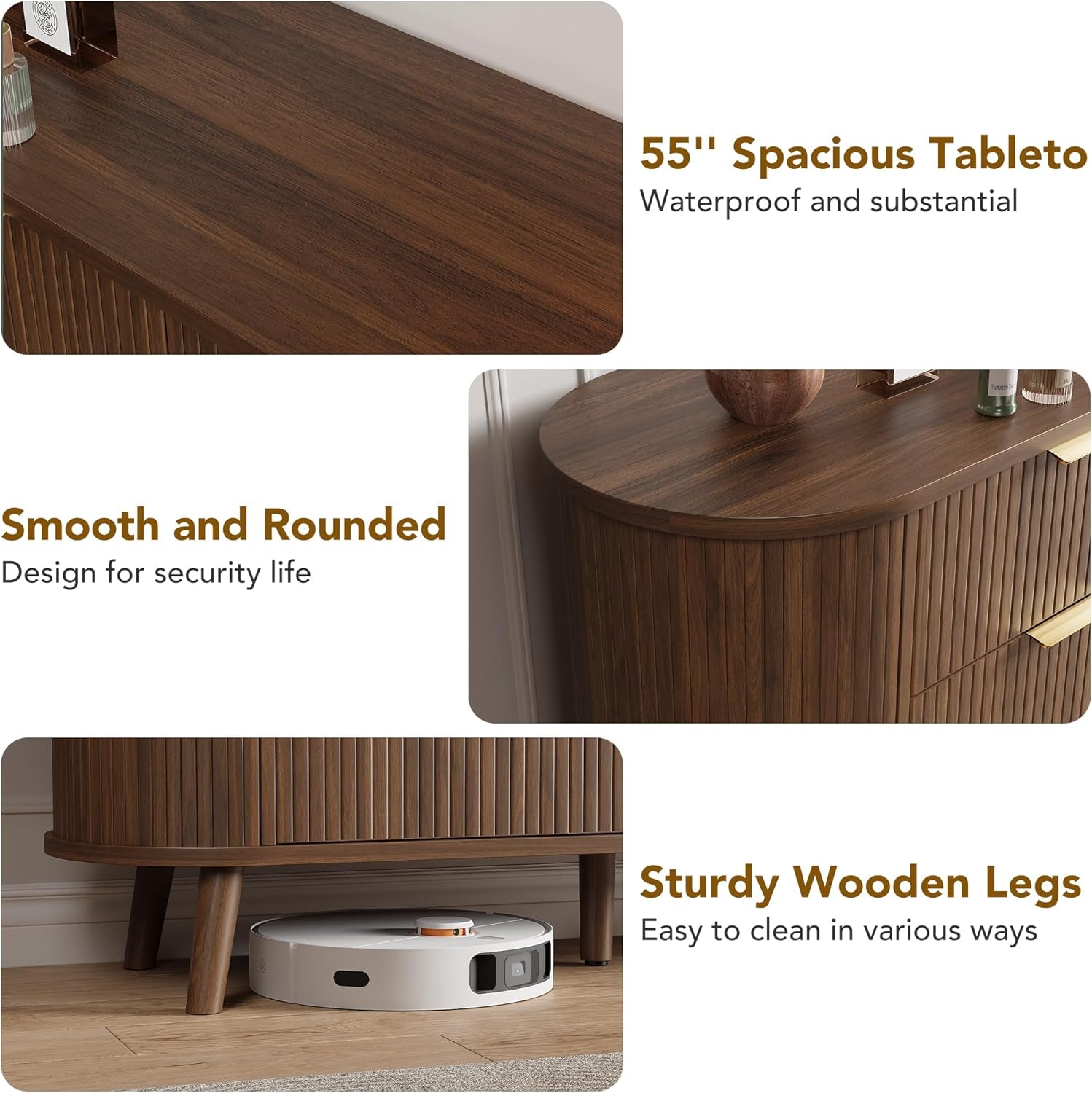 Fluted 6 Drawers Dresser, 55'' Wide Mid Century Modern Chest of Drawers with Sliding Door & Metal Handles, Curved Profile & Sturdy Legs, Wood TV Stand for Bedroom, Living Room (Walnut)