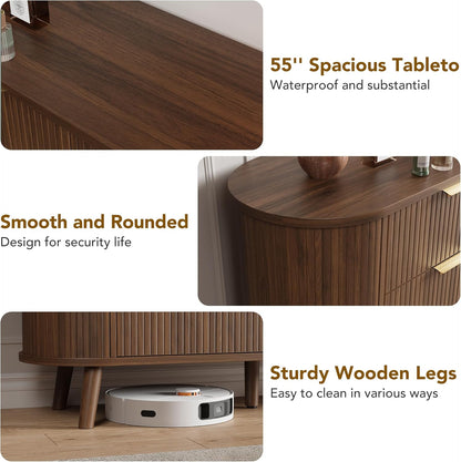 Fluted 6 Drawers Dresser, 55'' Wide Mid Century Modern Chest of Drawers with Sliding Door & Metal Handles, Curved Profile & Sturdy Legs, Wood TV Stand for Bedroom, Living Room (Walnut)