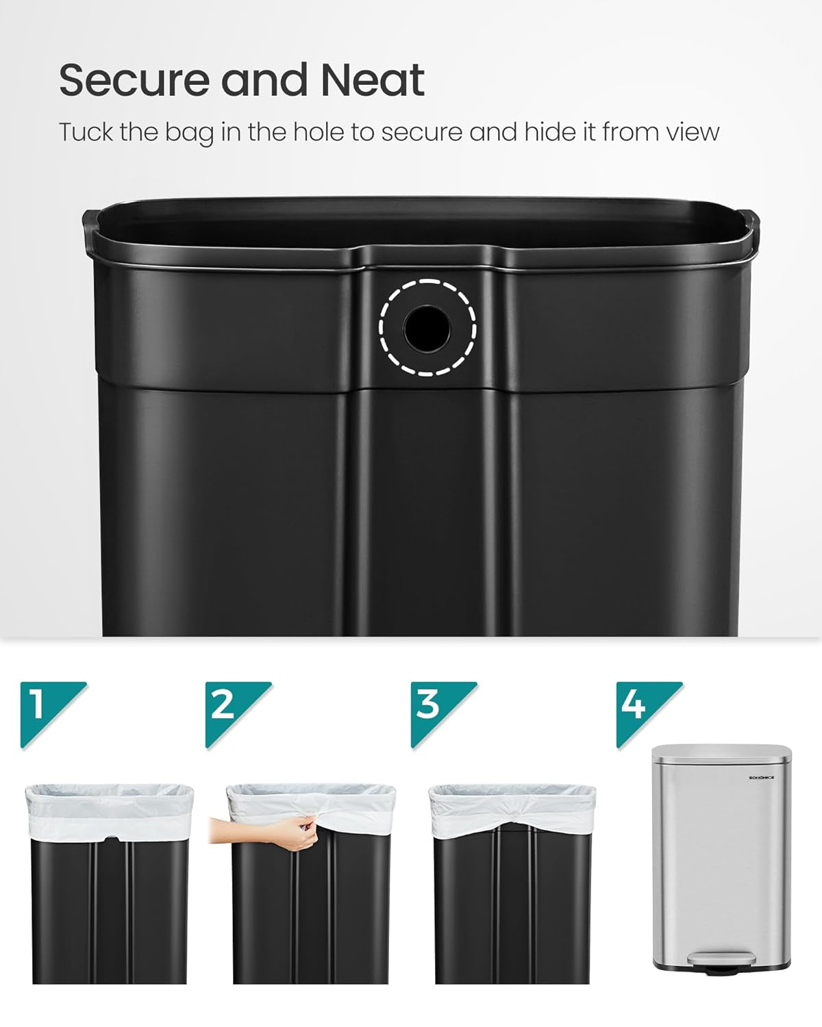 13 Gallon (50 L) Trash Can, Stainless Steel Kitchen Garbage Can, Recycling or Waste Bin, Soft Close, Step-On Pedal, Removable Inner Bucket, Silver ULTB050E01