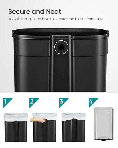 13 Gallon (50 L) Trash Can, Stainless Steel Kitchen Garbage Can, Recycling or Waste Bin, Soft Close, Step-On Pedal, Removable Inner Bucket, Silver ULTB050E01