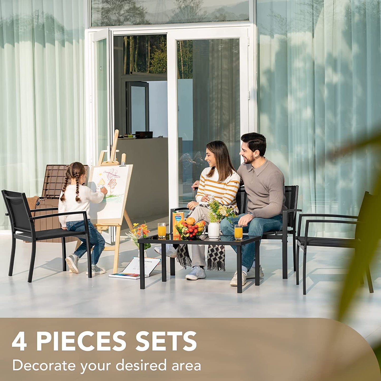 Outdoor Furniture Set 4 Piece Patio Conversation Sets Porch Furniture with Lawn Chairs & Glass Coffee Table for Garden Poolside (Black)