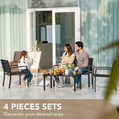 Outdoor Furniture Set 4 Piece Patio Conversation Sets Porch Furniture with Lawn Chairs & Glass Coffee Table for Garden Poolside (Black)