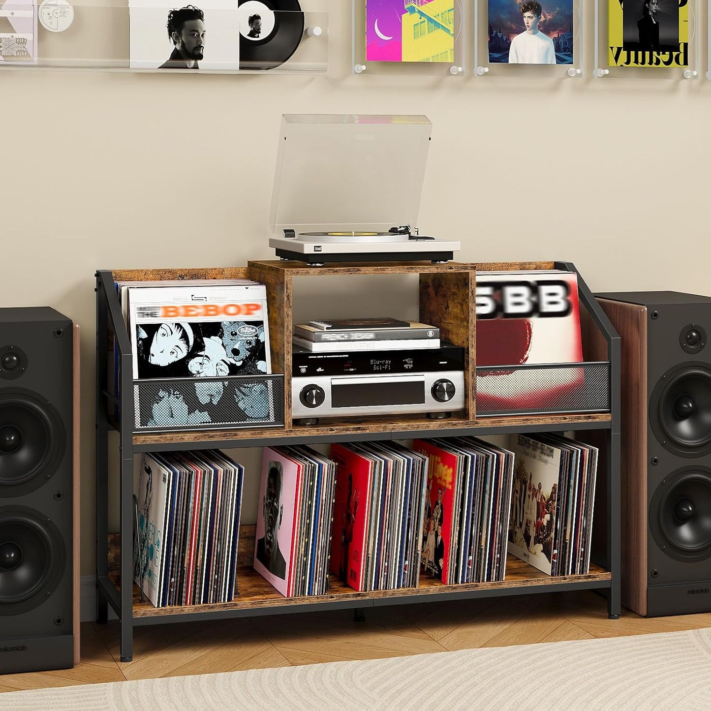 43" Vinyl Record Storage Holder, Large Record Player Table, Holds up to 400 Albums, Vinyl Record Player Display Stand, Removable Dividers, for CD, Audio Equipment Storage, Rustic Brown TCW77BF