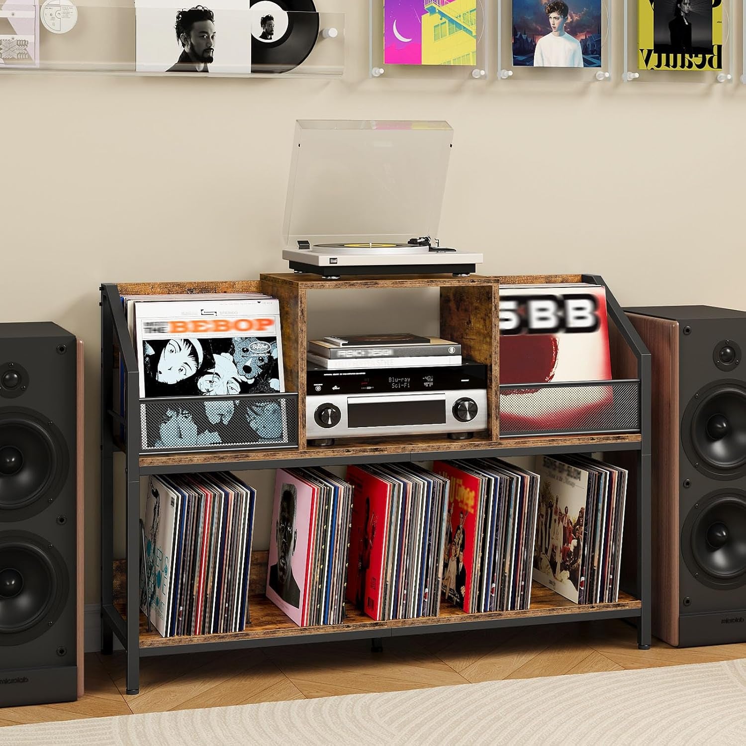 43" Vinyl Record Storage Holder, Large Record Player Table, Holds up to 400 Albums, Vinyl Record Player Display Stand, Removable Dividers, for CD, Audio Equipment Storage, Rustic Brown TCW77BF