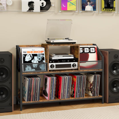 43" Vinyl Record Storage Holder, Large Record Player Table, Holds up to 400 Albums, Vinyl Record Player Display Stand, Removable Dividers, for CD, Audio Equipment Storage, Rustic Brown TCW77BF