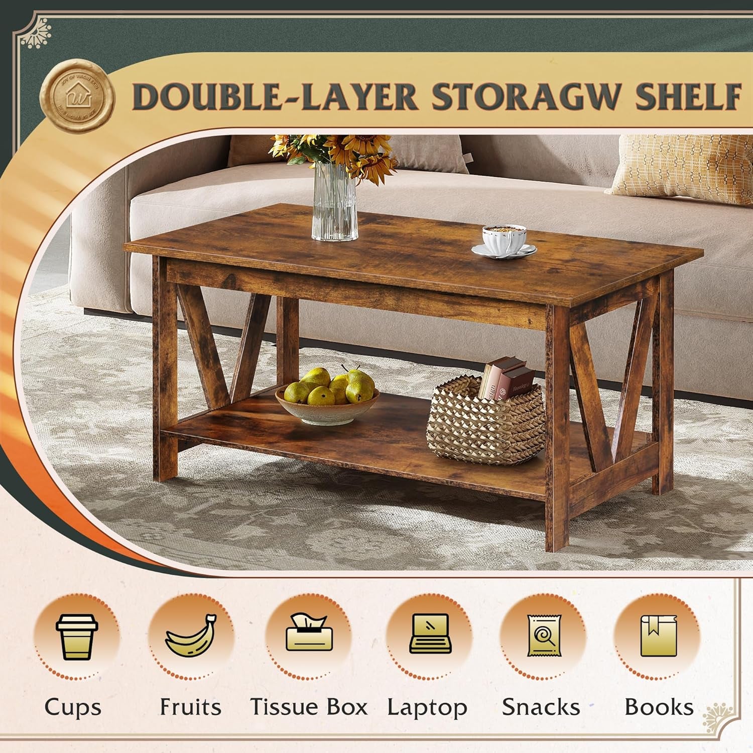 Coffee Table with Storage Shelf, 39.4" Farmhouse Coffee Table with V-Frame Support, 2-Tier Wood Rustic Center Table for Living Room, Bedroom & Balcony, Rustic Brown