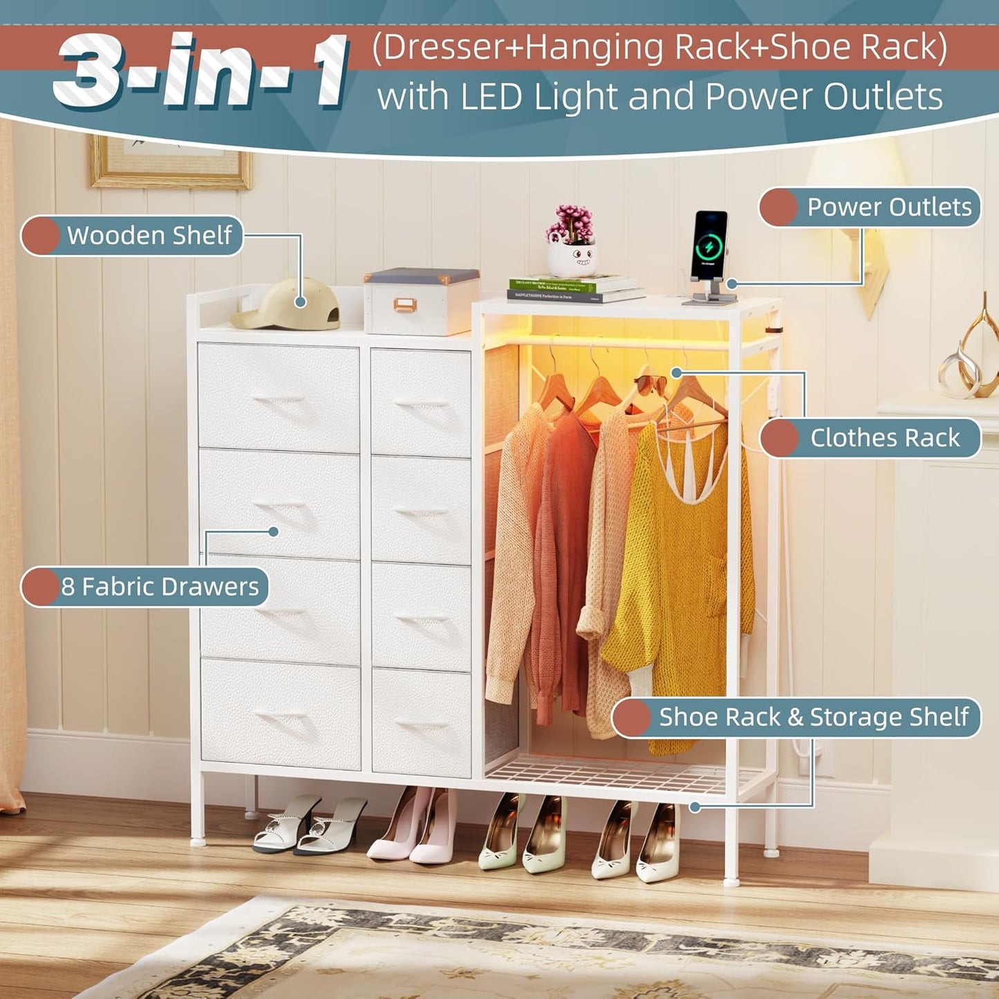 Dresser with Hanging Rack, 8-Drawer Dresser for Bedroom with Charging Station & LED Lights, Kids Dressers with Shoe Rack, Chest of Drawers with Wooden Top for Bedroom, Kids Room, White, 11.8"D