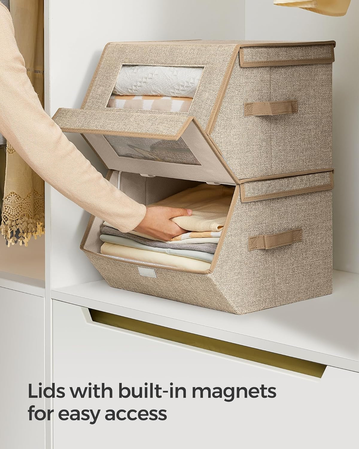 Stackable Storage Bins Set of 2, Storage Boxes with Lids and Front Windows, Non-Woven Fabric Closet Organizers with Magnetic Closures, Side Handles, Sand Beige URLB002Y01