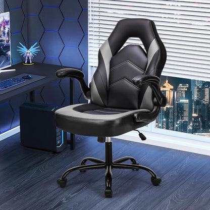 Computer Gaming Desk Chair - Big Tall Ergonomic Lumbar Support with Flip-Up Armrest and 360° Swivel Wheels, PU Leather Height Adjustable, for Home and Office, Grey