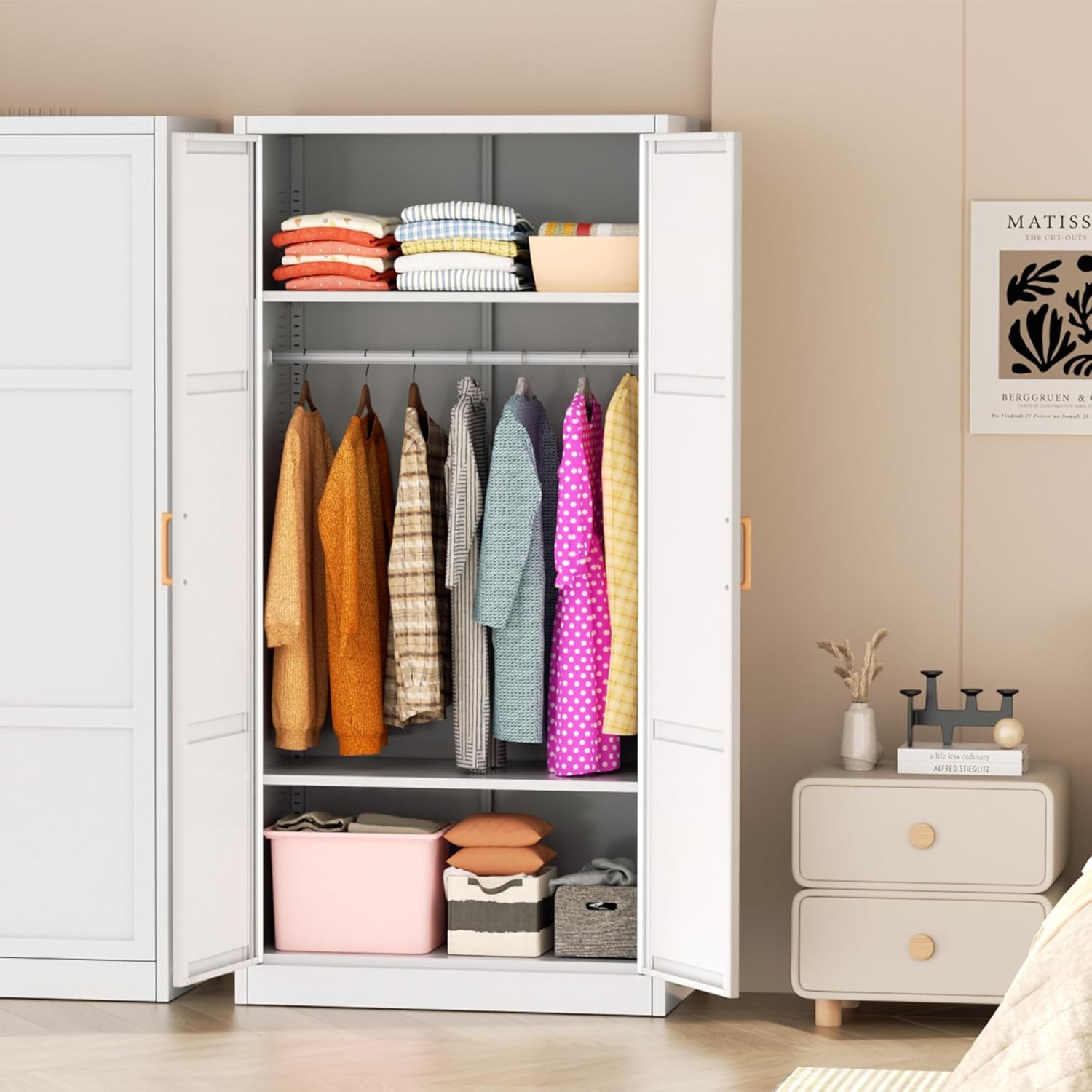 Metal Wardrobe Closet with Doors and Shelves,72" Armoire Wardrobe Closet for Hanging Clothes for Office, Home, School, Employee,Gym(White,36" W X 18" D,Warm Style)