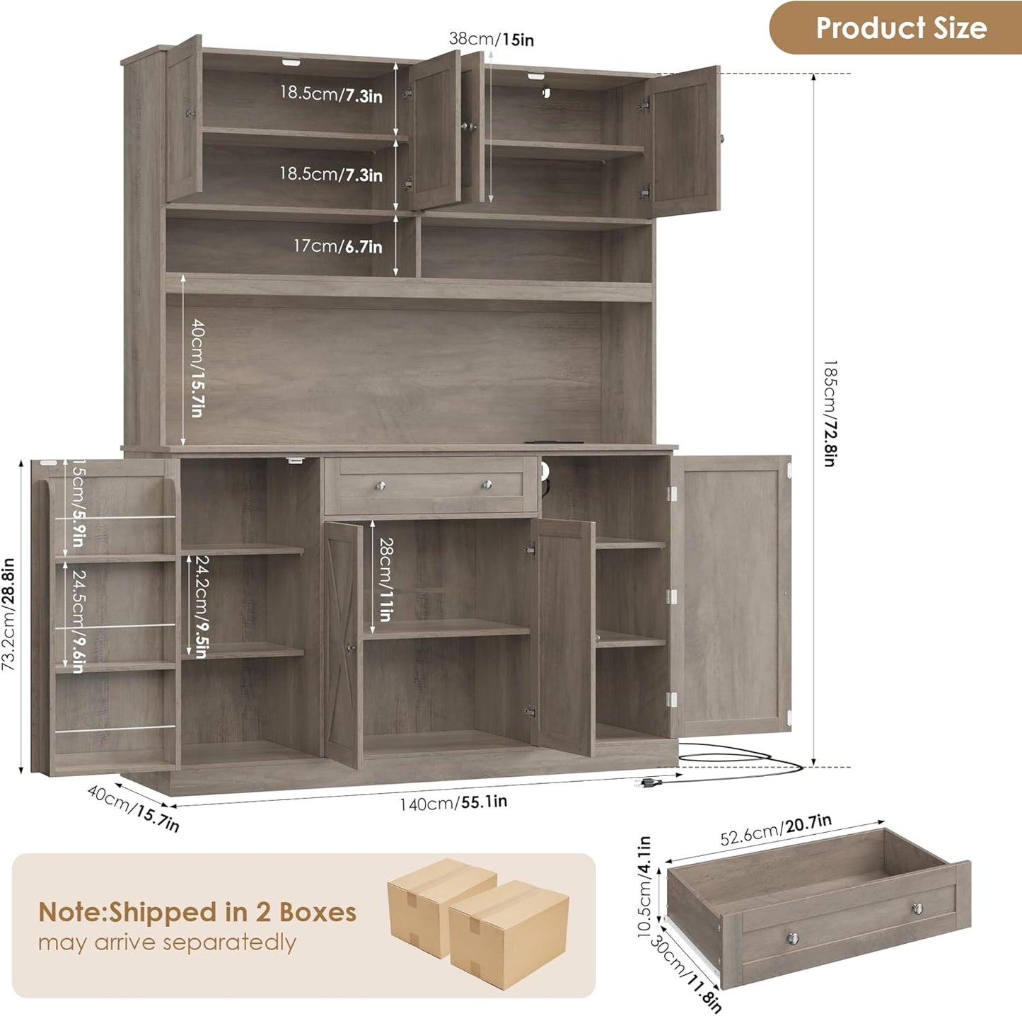 72.8” Tall Kitchen Pantry Cabinet with LED & Charging Station, 55” Wide Farmhouse Pantry Storage Cabinet with Microwave Stand&Shelves&Barn Doors, Kitchen Hutch Coffee Bar for Living Room, Grey