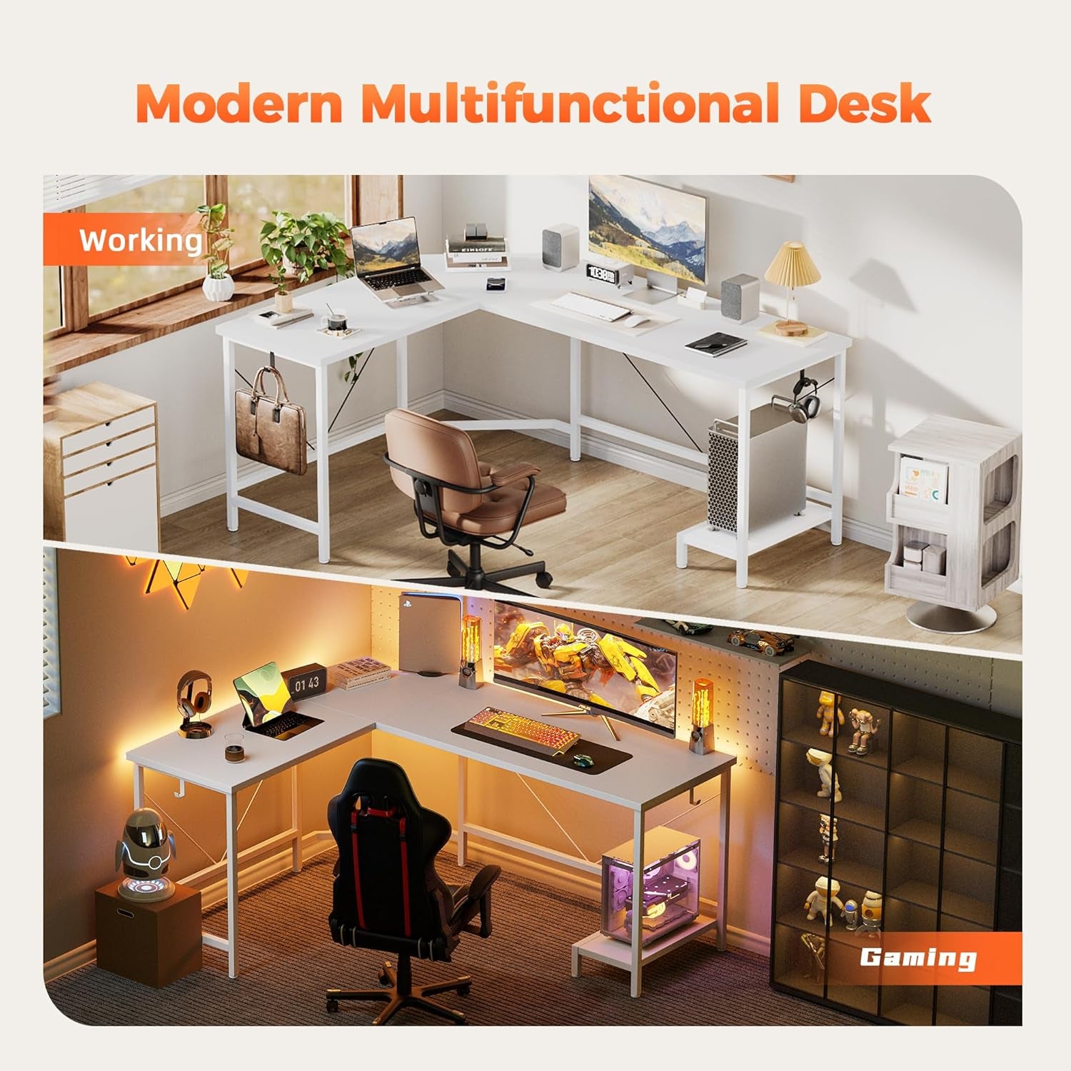 50 Inch Large L Shaped Desk, Simple Corner Gaming Desk with CPU Stand & Hooks, Computer Desk for Home, Bedroom & Office Workspace, Walnut