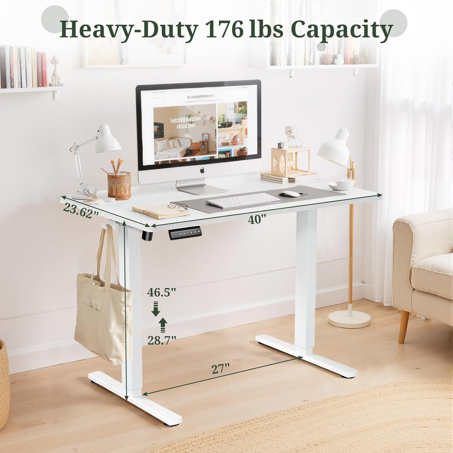 40 X 24 in Electric Standing Desk - Memory Height Adjustable Ergonomic Sit-To-Stand Rising Computer Table Gaming Workstations with 2 Hooks and Wire Hole for Home Office, White