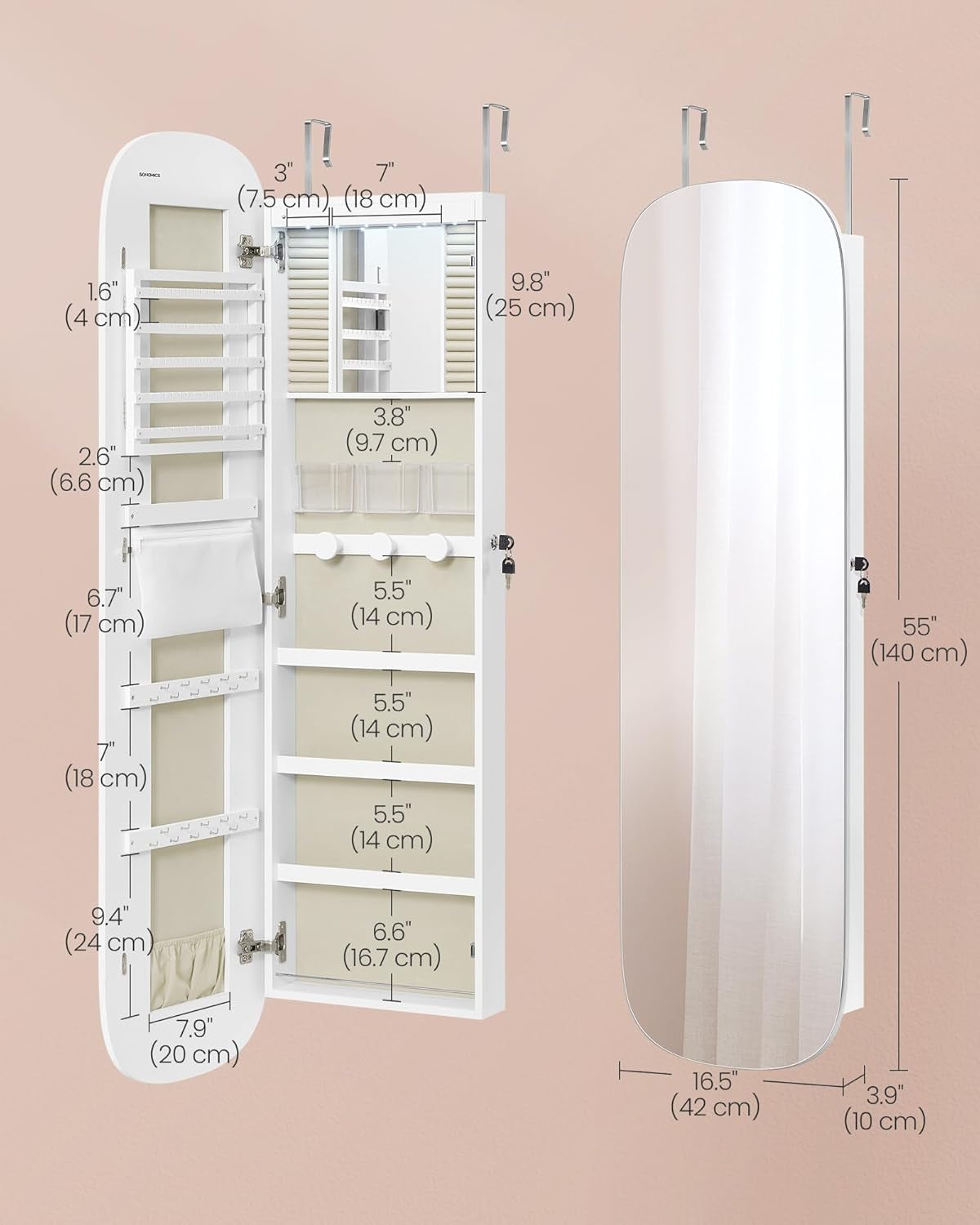 Jewelry Organizer, LED Jewelry Cabinet Wall/Door Mounted, Lockable Rounded Wide Mirror with Storage, Interior Mirror, 3.9 X 16.5 X 55 Inches, White Surface with Greige Lining