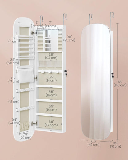 Jewelry Organizer, LED Jewelry Cabinet Wall/Door Mounted, Lockable Rounded Wide Mirror with Storage, Interior Mirror, 3.9 X 16.5 X 55 Inches, White Surface with Greige Lining