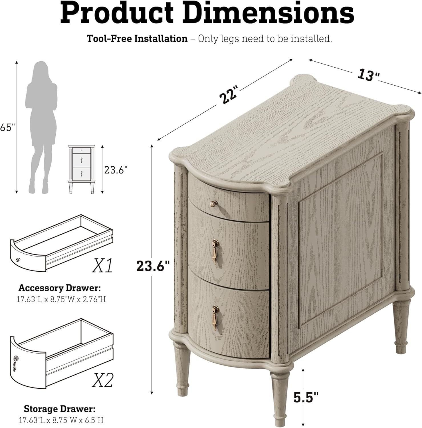 Nightstand W/Charging Station & 3 Drawers, Pre-Assembled, Vintage Side Table W/Antique-Finished Pulls, Rustic Wood Finish, Narrow End Table W/Turned Legs for Bedroom (1, Antique Grey)