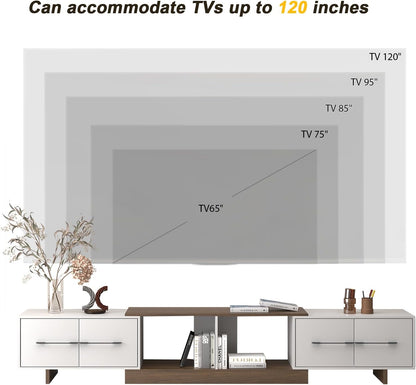 Extendable TV Stand, Modern TV Console for up to 120 Inch TV, Entertainment Center with 4 Large Drawers & Open Shelf, Media Console for Living Room - White & Walnut (Extendable 74.80"-102.36")