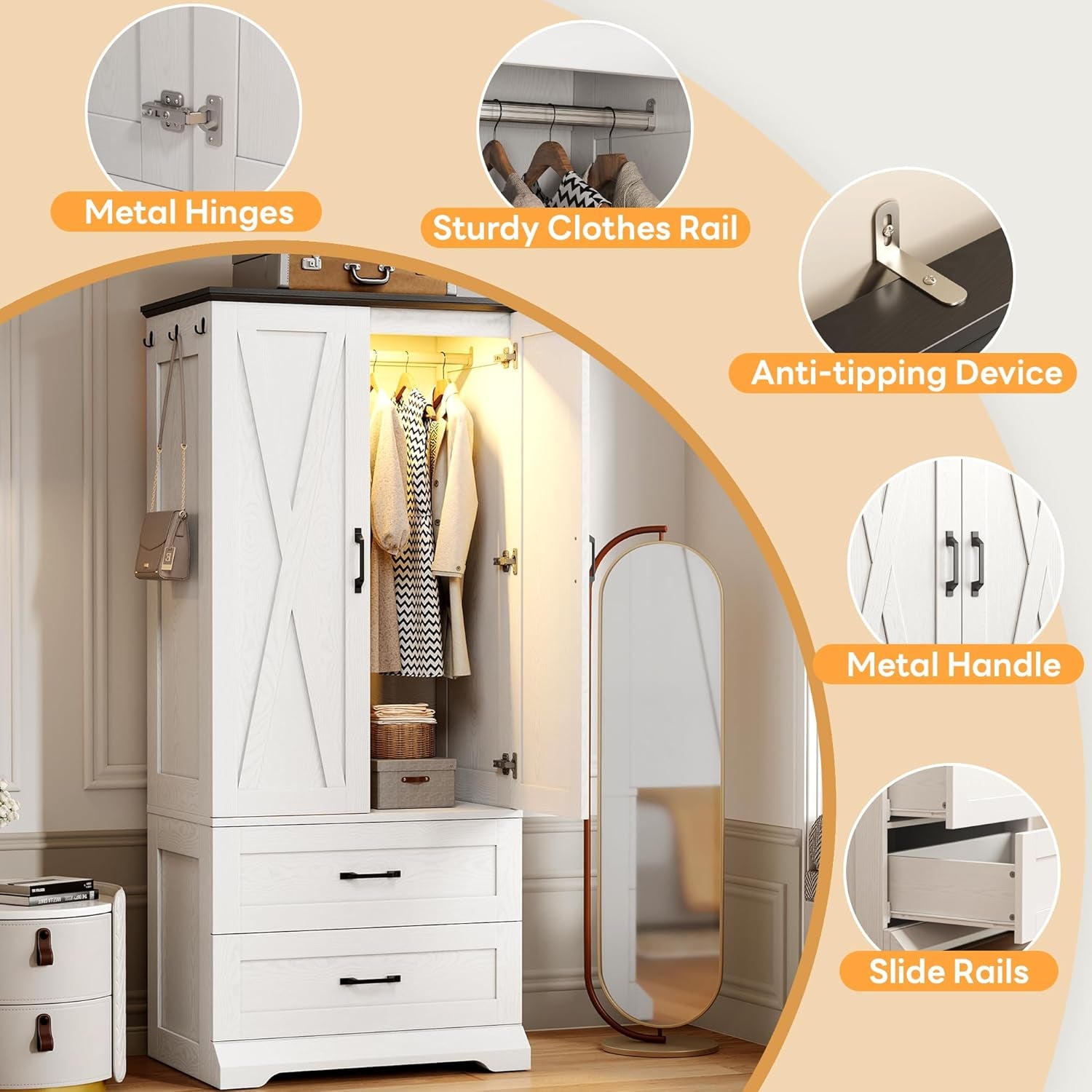 Armoire Wardrobe Closet 70.9" H, Bedroom Wooden Wardrobe with 2 Doors, 2 Drawers and Sensor Light, Clothing Storage Cabinet Organizer Combination with Hanging Rod, Hooks, White