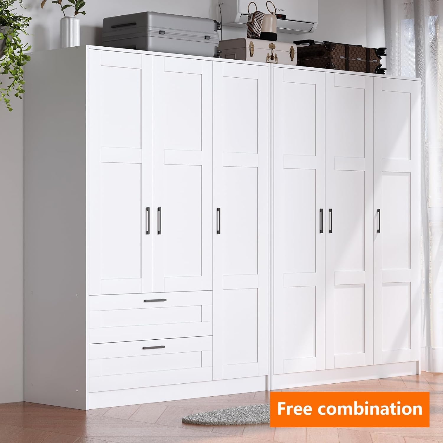 3 Doors Wooden Wardrobe Closet Armoire, White Storage Cabinet for Hanging Clothes, Bedroom Large Capacity Freestanding Armoire,Wood Wardrobe Combination with Shelves (2Drawer, White)
