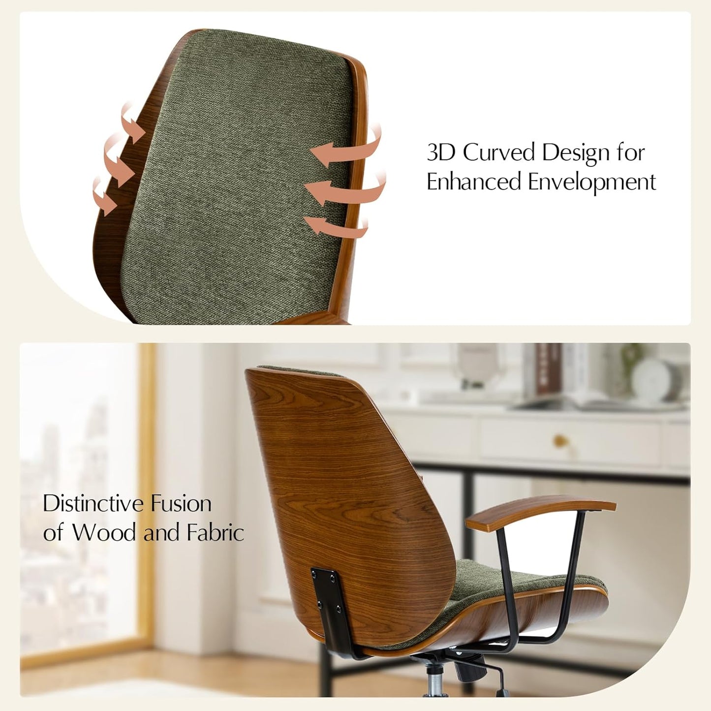 Solid Wood Office Chair with Rocking Function, Comfy Fabric Desk Chair with Bent Wood and Metal Base, Height Adjustable Swivel Computer Task Chair, Green