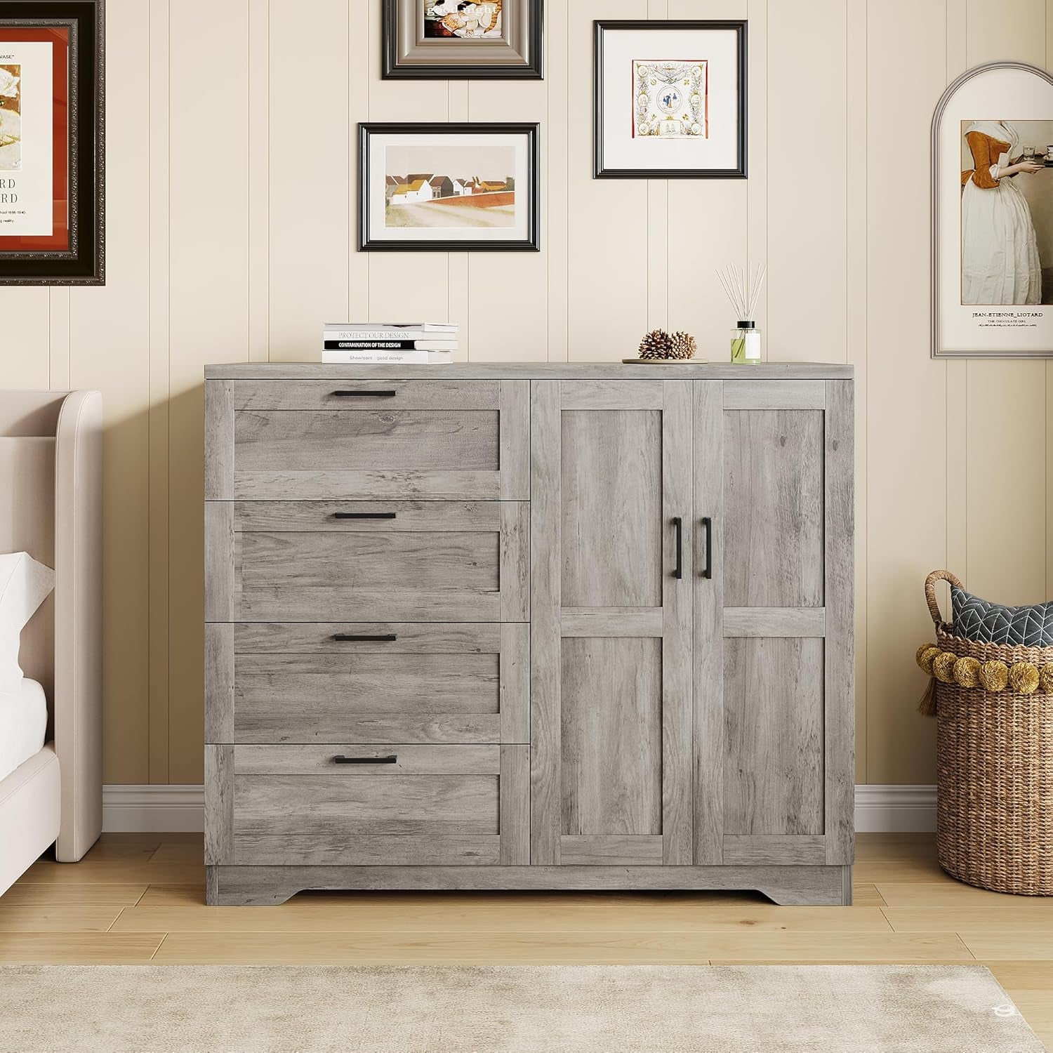 43.3'' H Armoire Wardrobe Closet with 4 Drawers and 2 Doors, Hanging Rod, Multifunctional Wooden Dresser with Storage Closet, Bathroom Cabinet for Bedroom, Gray