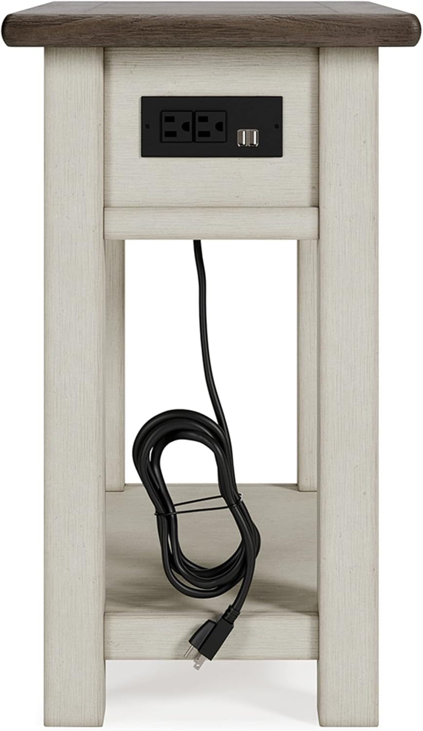 Bolanburg Chairside End Table with Charging Station, Two-Tone Wood Accent Table with Drawer Storage, Plank Top Design for Living Room or Bedroom, Antique White