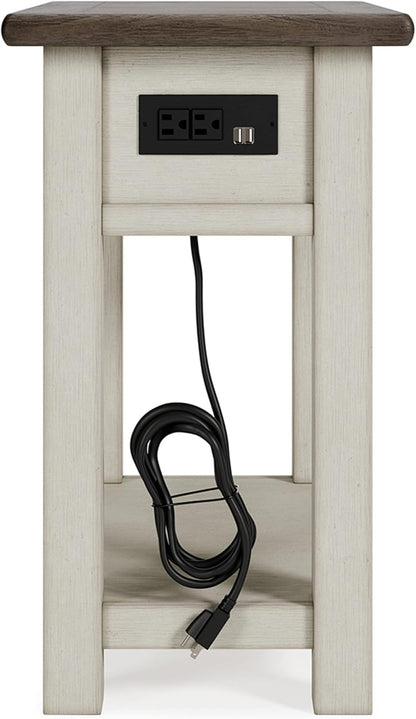 Bolanburg Chairside End Table with Charging Station, Two-Tone Wood Accent Table with Drawer Storage, Plank Top Design for Living Room or Bedroom, Antique White