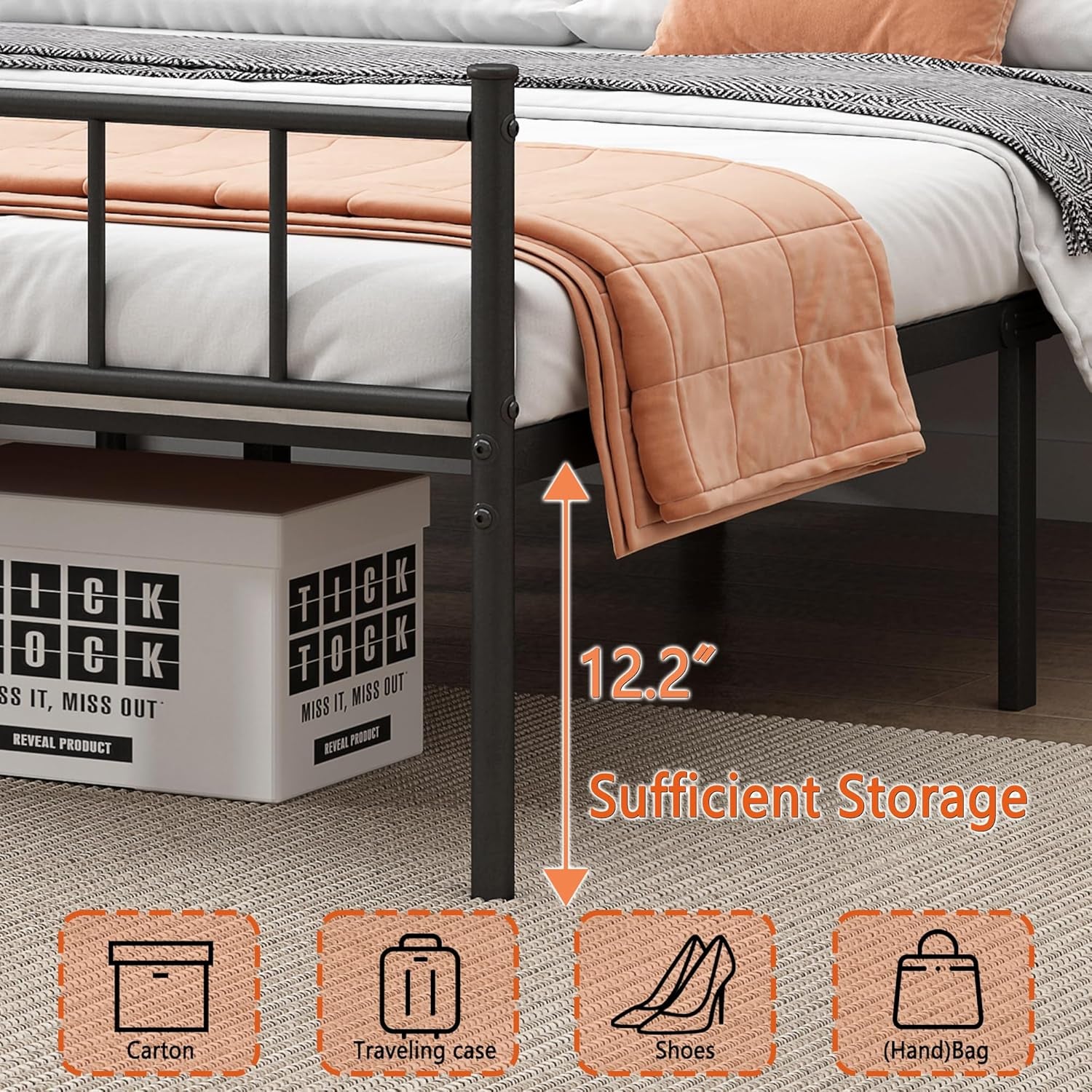 Classic queen metal platform bed frame with steel slats, view 6