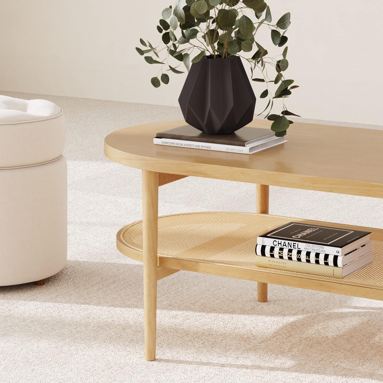 Sonia Coffee Table with Storage Shelf, Light Wood/Rattan