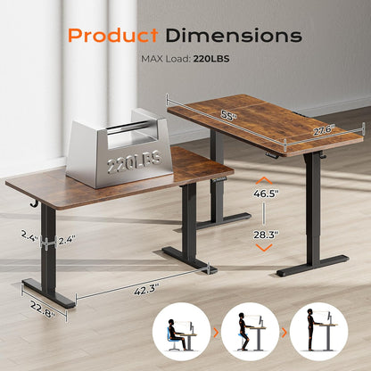 55 X 28 Large Electric Standing Desk, Height Adjustable Computer Desk, 27.6" Deep Desktop, Stand up Gaming Office Desk with 2 Hooks, 3 Preset Heights, for Home Office, Rustic Brown
