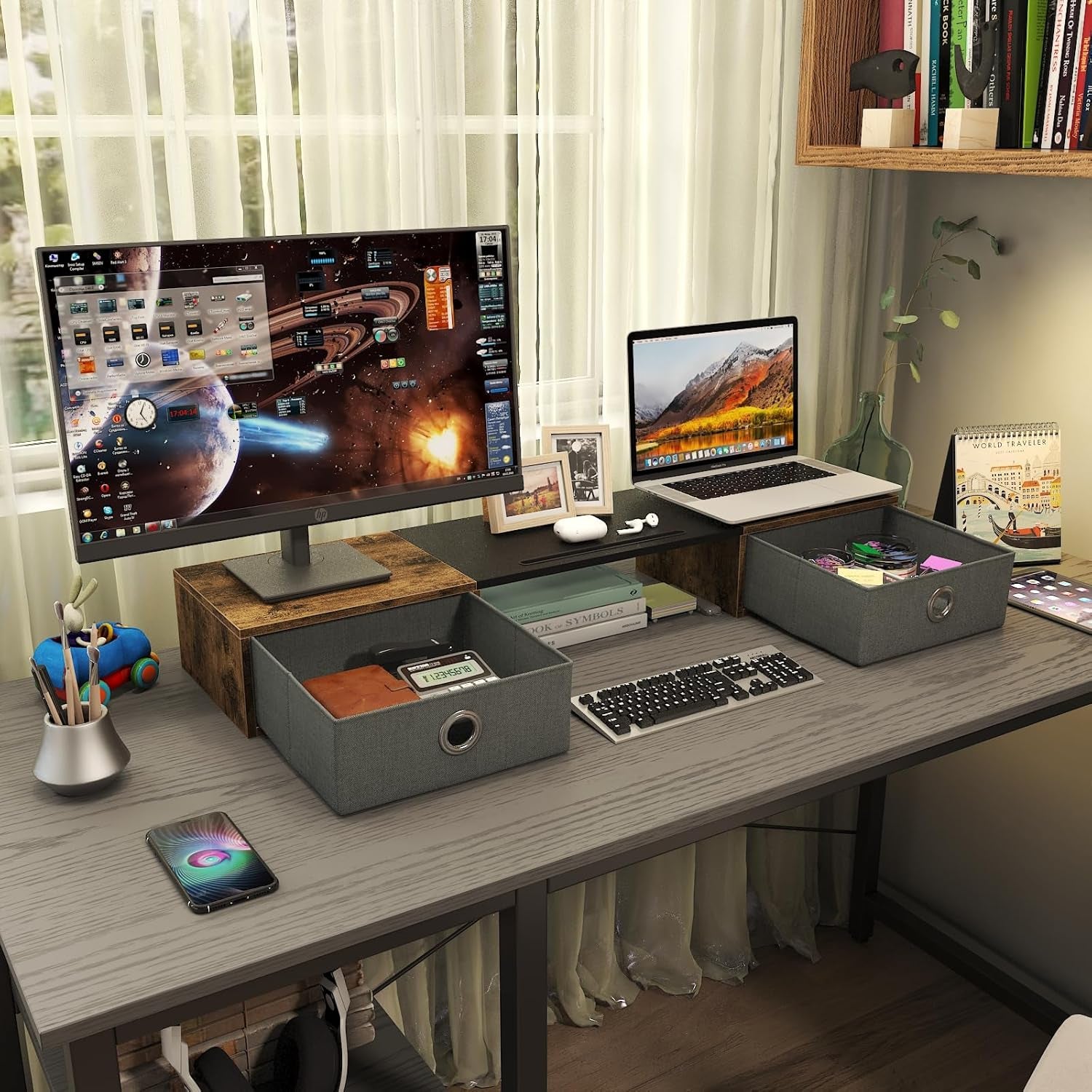 Dual Monitor Stand Riser with Two Drawers, Extra Large Storage for 2 Monitors, Desktop Oraganizer Computer,Laptop,Screen,Printer,Tv