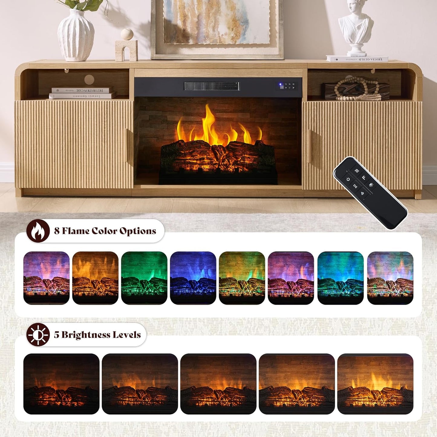 70" Fluted Fireplace TV Stand for Tvs up to 80", Modern TV Console with 30" Electric Fireplace & Storage Cabinets, Media Entertainment Center for Living Room, Natural Oak
