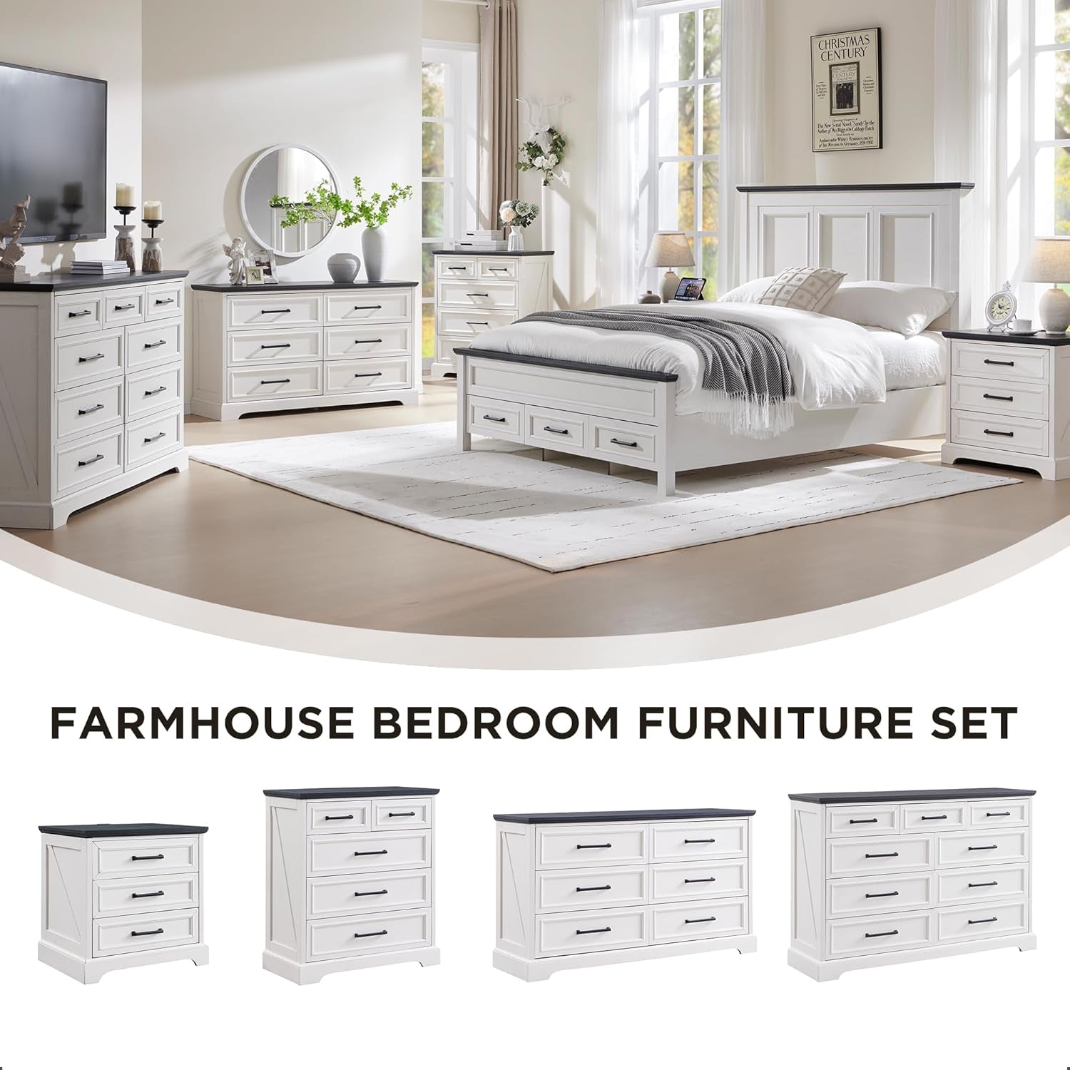Farmhouse Nightstands Set of 2, 22 Inch Wide End Table with Charging Station & 3 Large Drawers, Rustic Wood Small Dresser Chest of Drawers for Bedroom, Living Room, off White