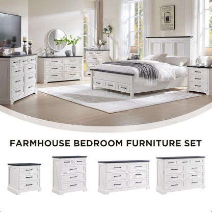 Farmhouse Nightstands Set of 2, 22 Inch Wide End Table with Charging Station & 3 Large Drawers, Rustic Wood Small Dresser Chest of Drawers for Bedroom, Living Room, off White