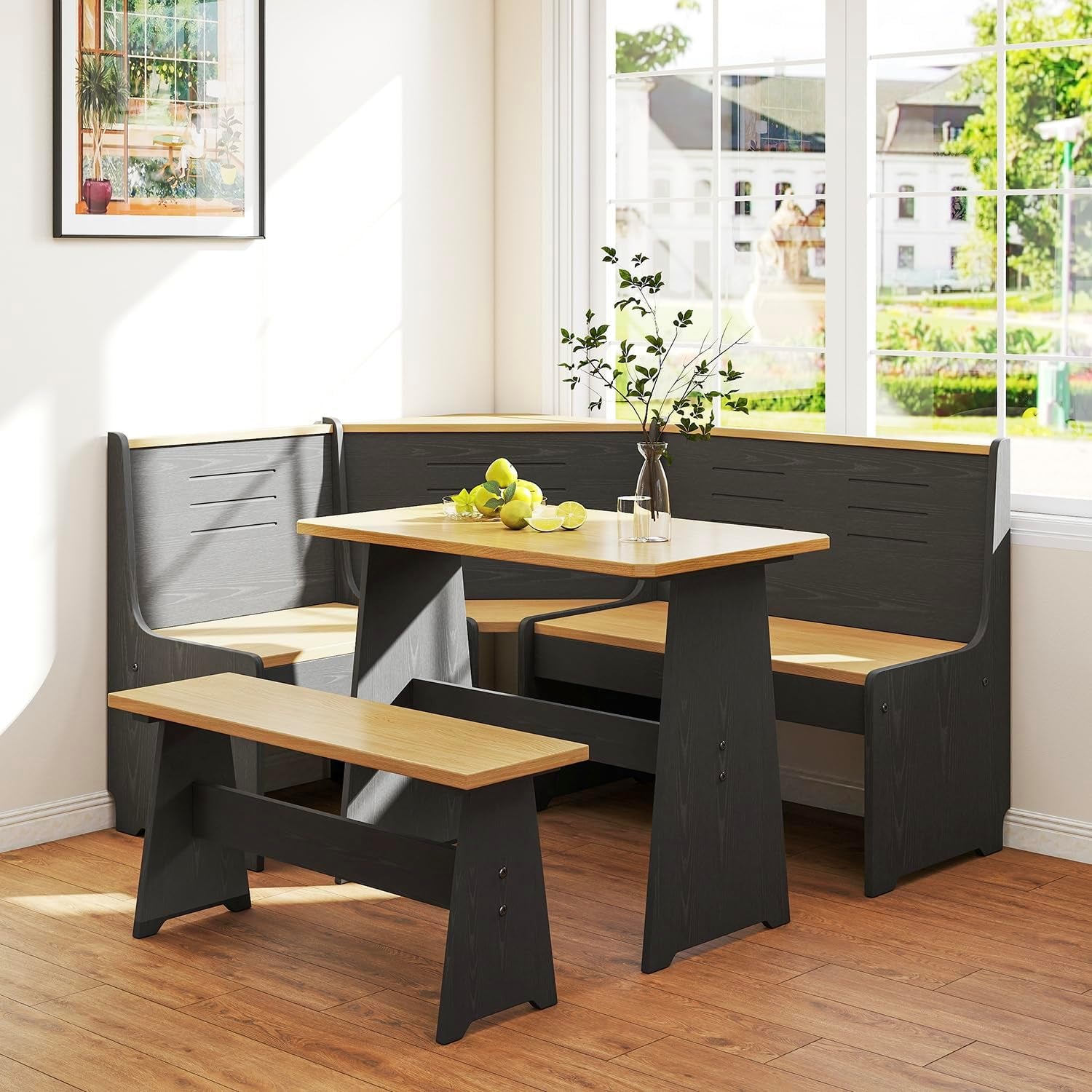 Breakfast Nook Corner Dining Table Kitchen Bench Chair Set, Space-Saving 3-5 People Seat Reversible L-Shape for Family Home Black Wood