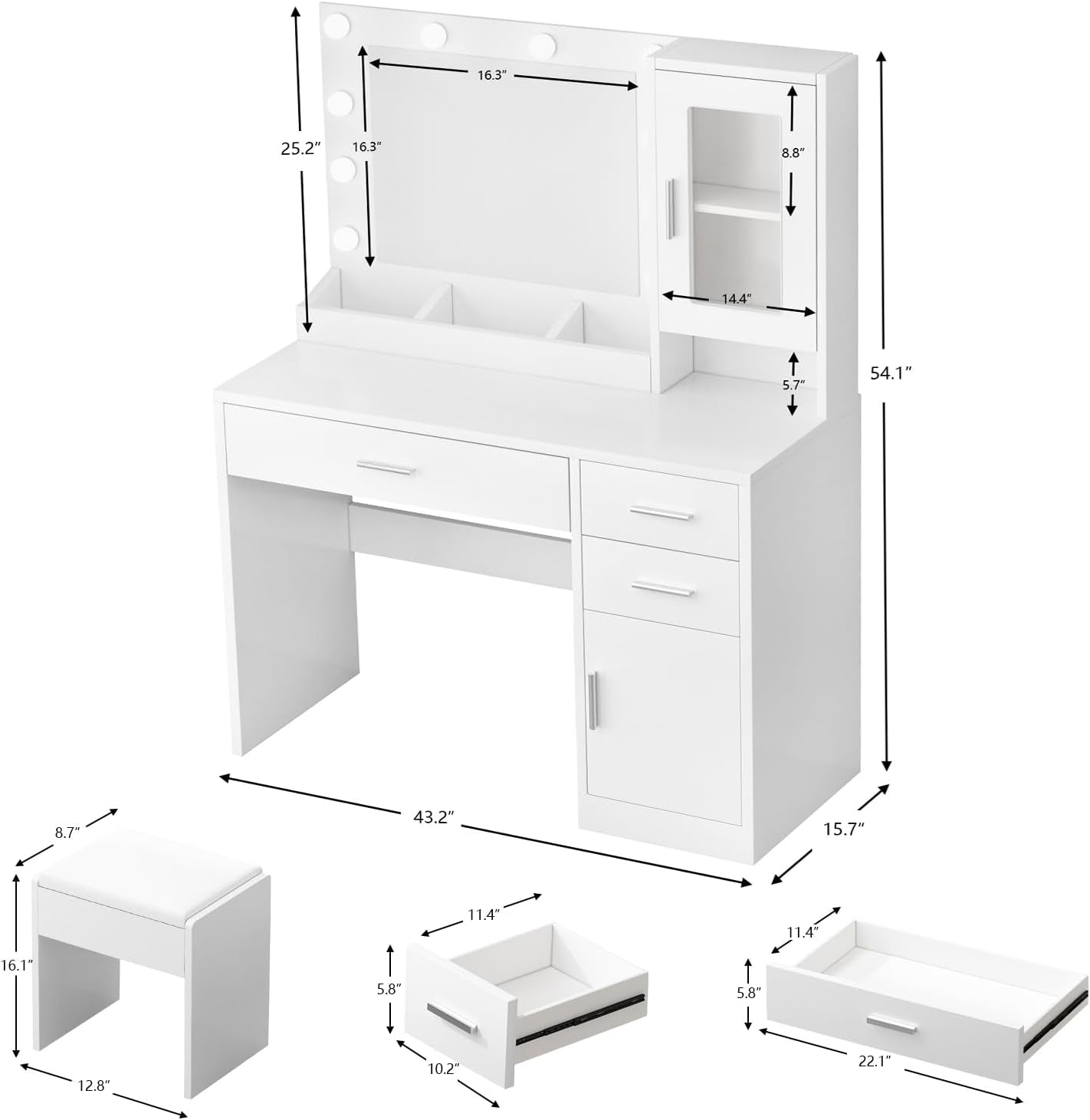 Makeup Vanity Desk Set with LED Lights Mirror Chair, Vanity Table with 7 Storage Shelves and 3 Drawers,3 Lighting Modes Adjustable Brightness Dressing Table for Bedroom,White