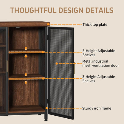 Buffet Cabinet, Metal Mesh Storage Sideboard with Adjustable Shelves, Coffee Bar Cabinet for Dining Room, Kitchen, Living Room, Entryway,Vintage Brown