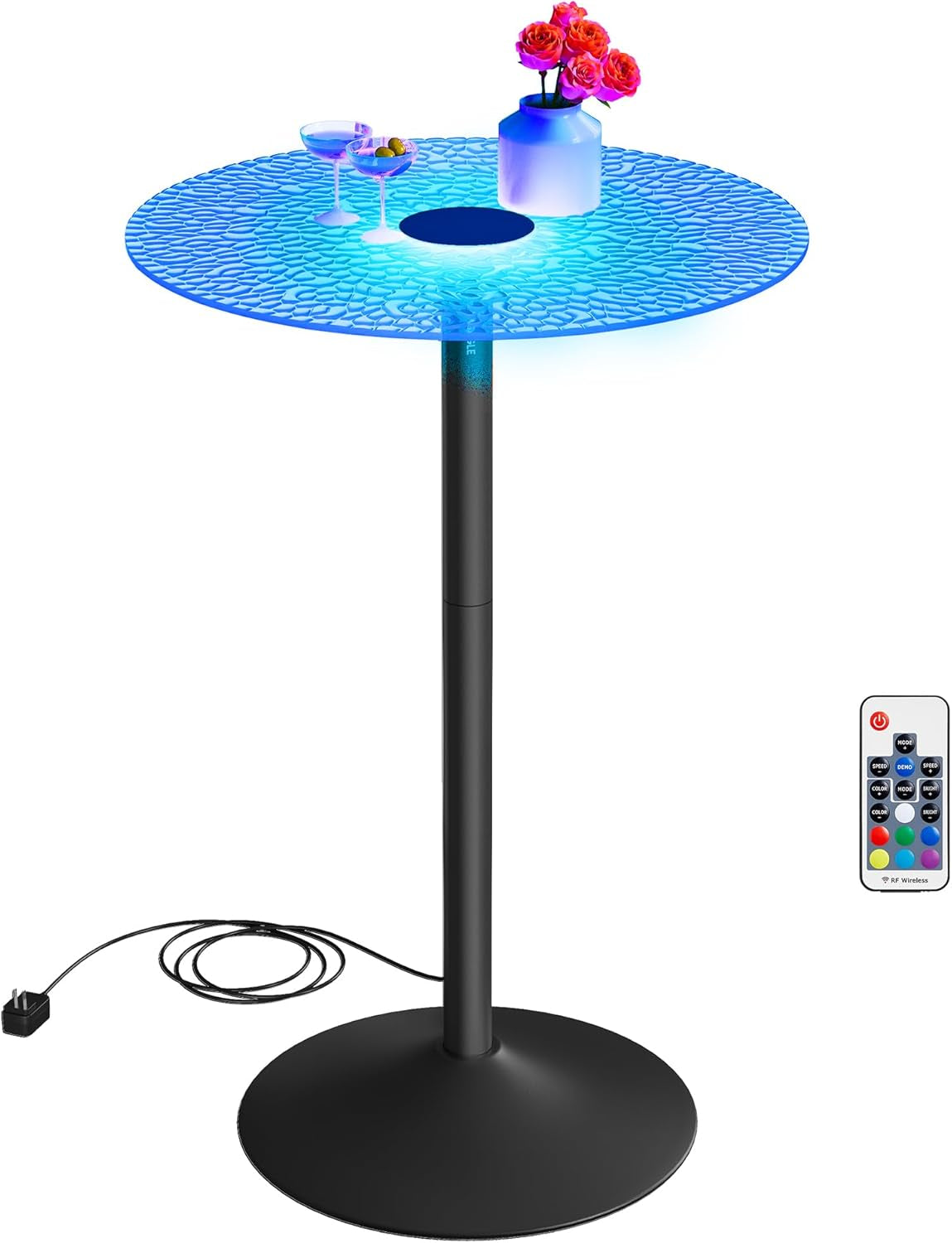 round Bar Table, 41.3 Inches Tall Cocktail Pub Table with Multi-Colored Lights and Glass Top, Large Steel Base, for Kitchen, Bistro, Parties, Cloud White and Ink Black