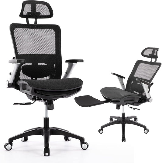 Ergonomic Mesh Office Chair with Footrest, High Back Computer Executive Desk Chair with Headrest and 4D Flip-Up Armrests, Adjustable Tilt Lock and Lumbar Support-Black