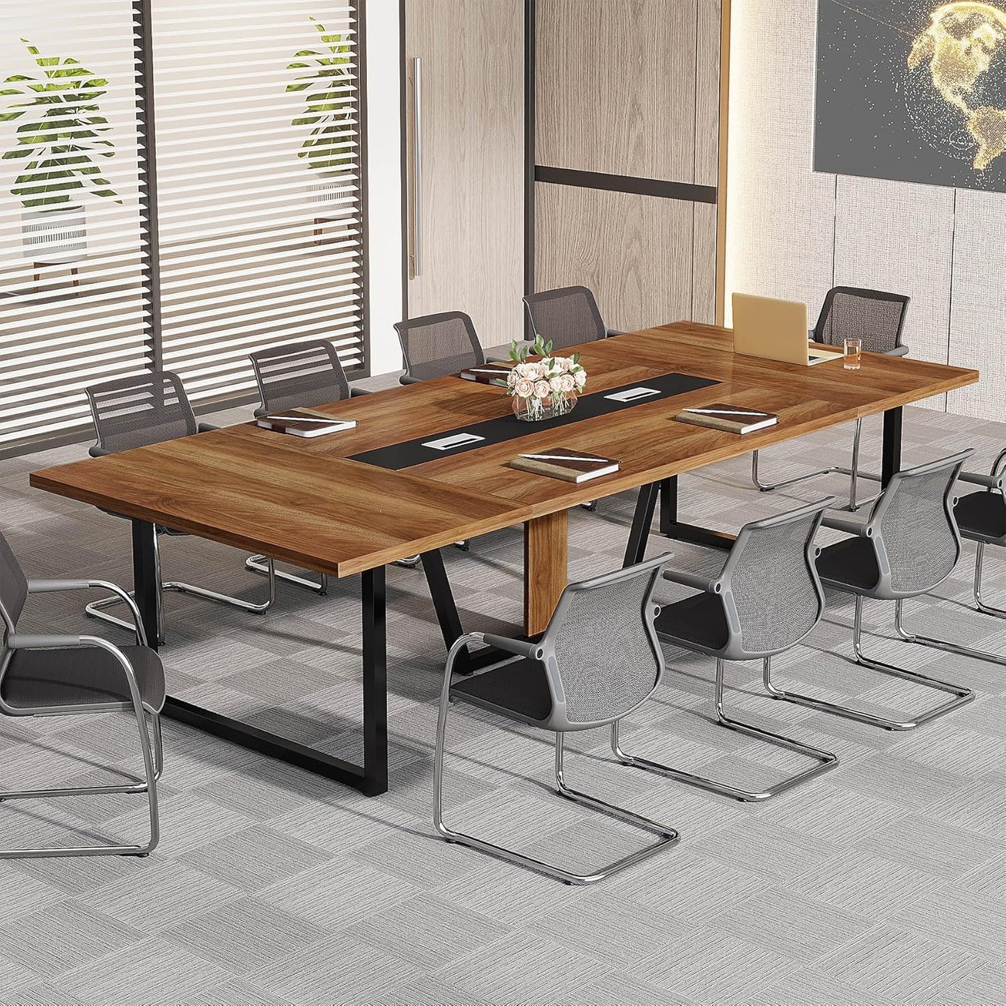 8FT Conference Table, 94.49 L X 47.24 W X 29.53 H Inches Large Meeting Podcast Table for 10 People, Business Style Wooden Training Table with Strong Metal Frame for Office Conference
