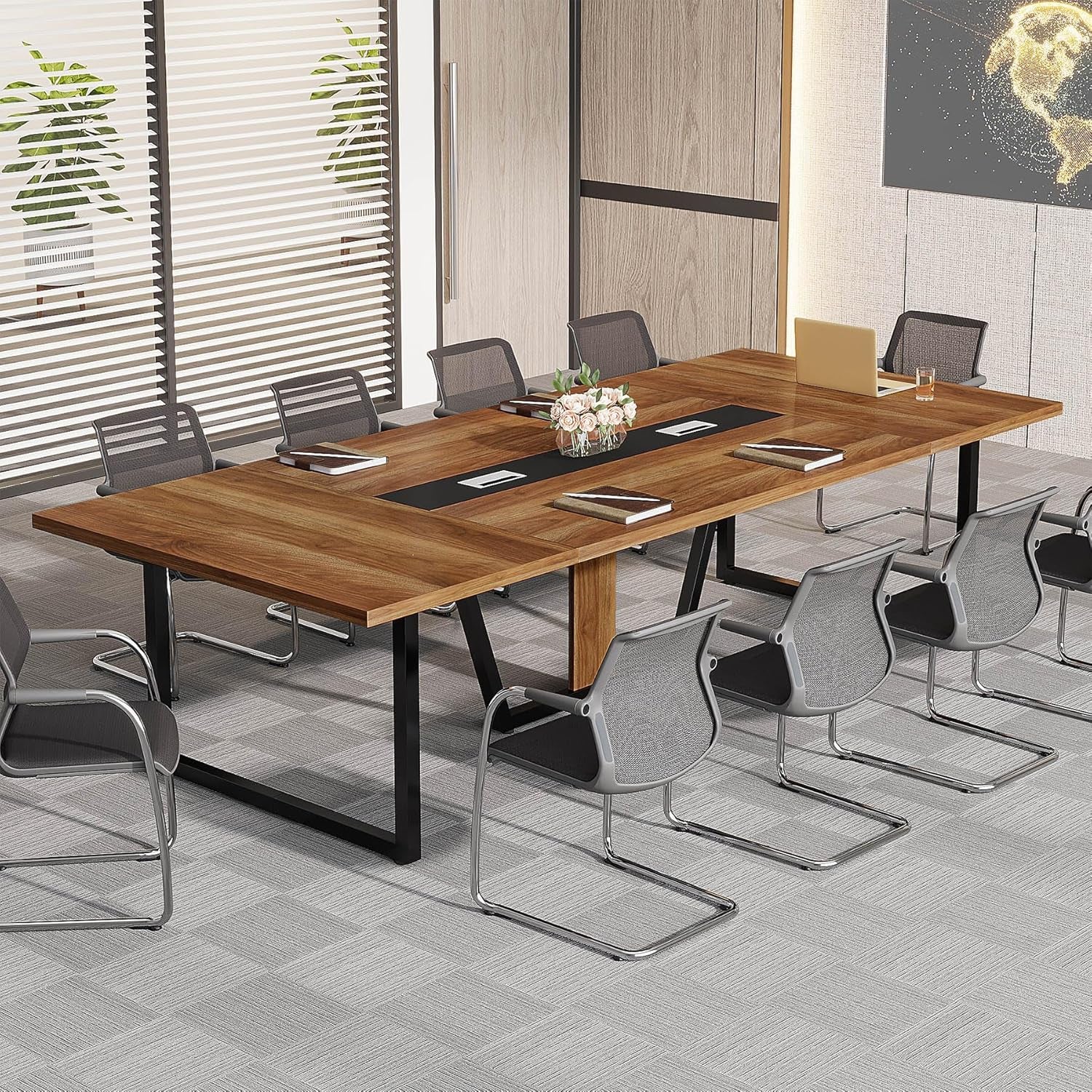 8FT Conference Table, 94.49 L X 47.24 W X 29.53 H Inches Large Meeting Podcast Table for 10 People, Business Style Wooden Training Table with Strong Metal Frame for Office Conference