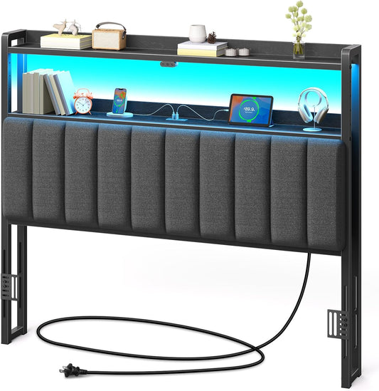 Headboard for Full Size Bed with Storage, 60,000 DIY Color of LED Light, Head Board with USB & Type C Port, Height Adjustable, Black Upholstered Cabeceras De Cama Comfortable Modern, Stable