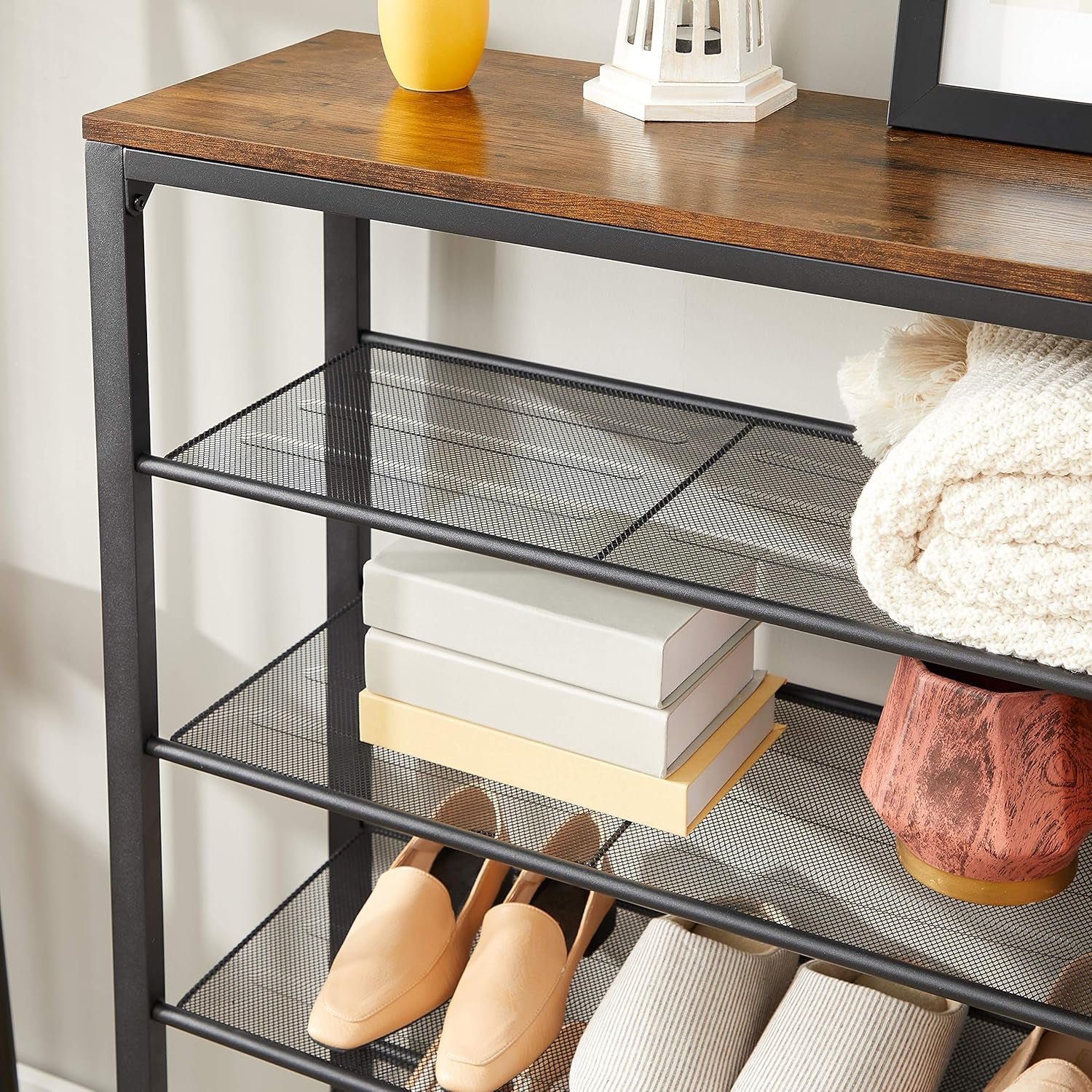 INDESTIC Shoe Rack, Organizer for Closet with 4 Mesh Shelves and Large Top for Bags, Entryway Hallway Shelf, Steel Frame, Industrial, Greige and Black ULBS015B02, 11.8 X 39.4 X 36.4 Inches